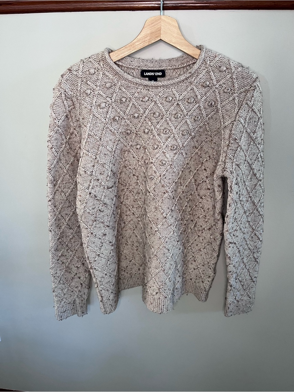 Lands End Womens Oatmeal Diamond Cable Knit Bobble Crewneck Sweater Medium 10-12